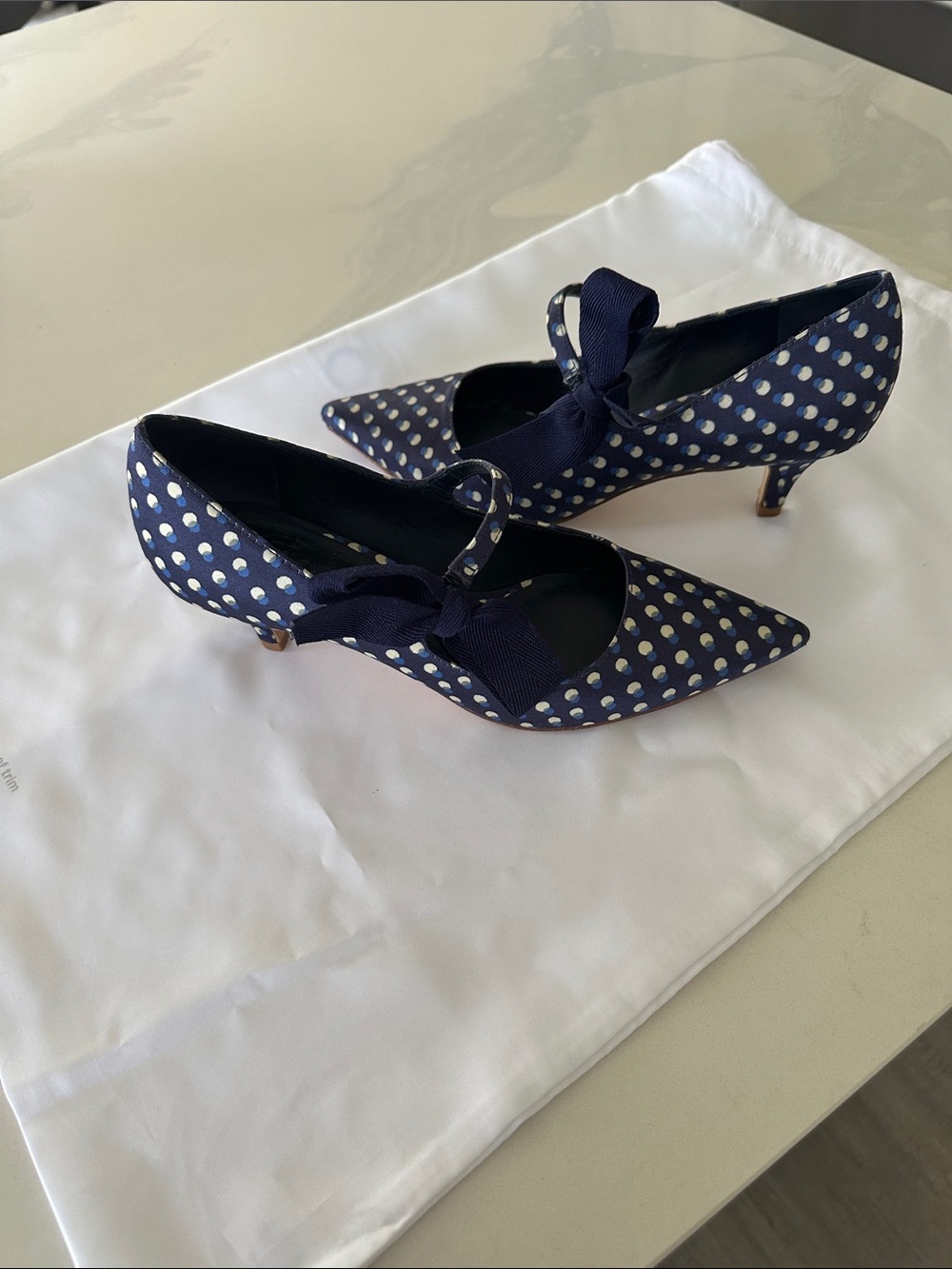 Tory Burch Navy Polka Dot Pointed-Toe Kitten Heels with Bow